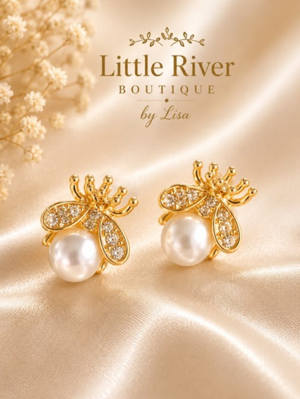Gold Pearl Bee Stud Earrings - Women Jewelry